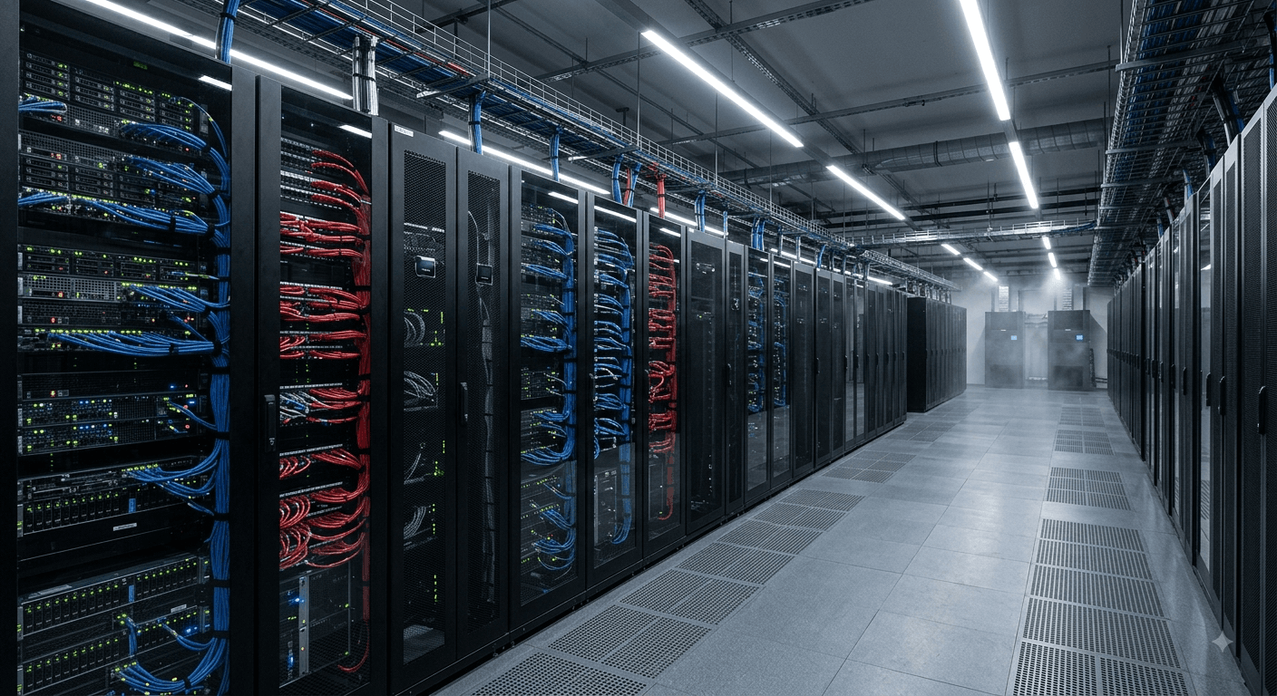 Server room with rows of network equipment
